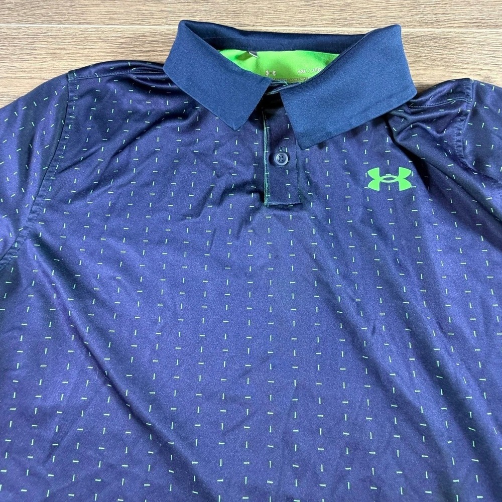 Under Armour Boys Navy Blue Loose Fit Golf Polo Lime Green Tee Short Sleeve YXL